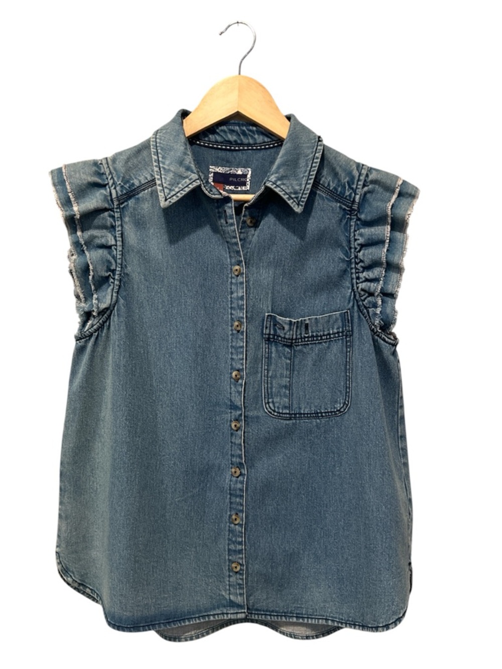 Pilcro Anthropologie Denim Ruffle Frayed Sleeve Button Front Top Womens Small